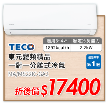 TECO 東元變頻精品一對一分離式冷氣 MA/MS22IC-GA2 18900元
