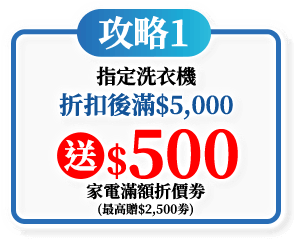 指定洗衣機折扣後滿$5,000送$500家電滿額折價劵