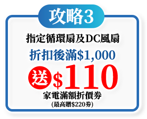 指定循環扇及DC風扇折扣後滿滿$1,000送$110家電滿額折價劵