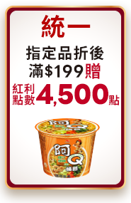 統一指定品折後滿$199贈紅利點數4500點