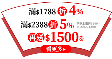 滿$1788折4%/滿$2388折5%，再送$1500券