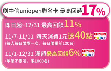 刷中信uniopen聯名卡最高回饋17%