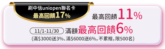 刷中信uniopen聯名卡最高回饋17%