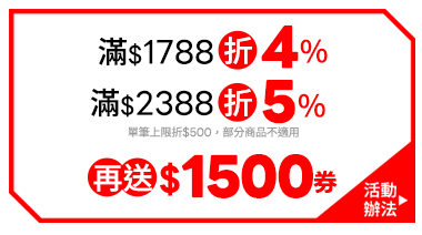 滿$1788折4%/滿$2388折5%，再送$1500券