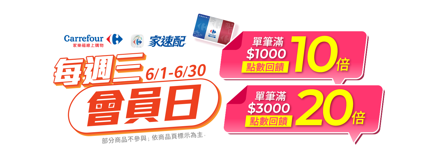 6月週三會員日，單筆滿$1000 點數10倍回饋；單筆滿$3000 點數20倍回饋
