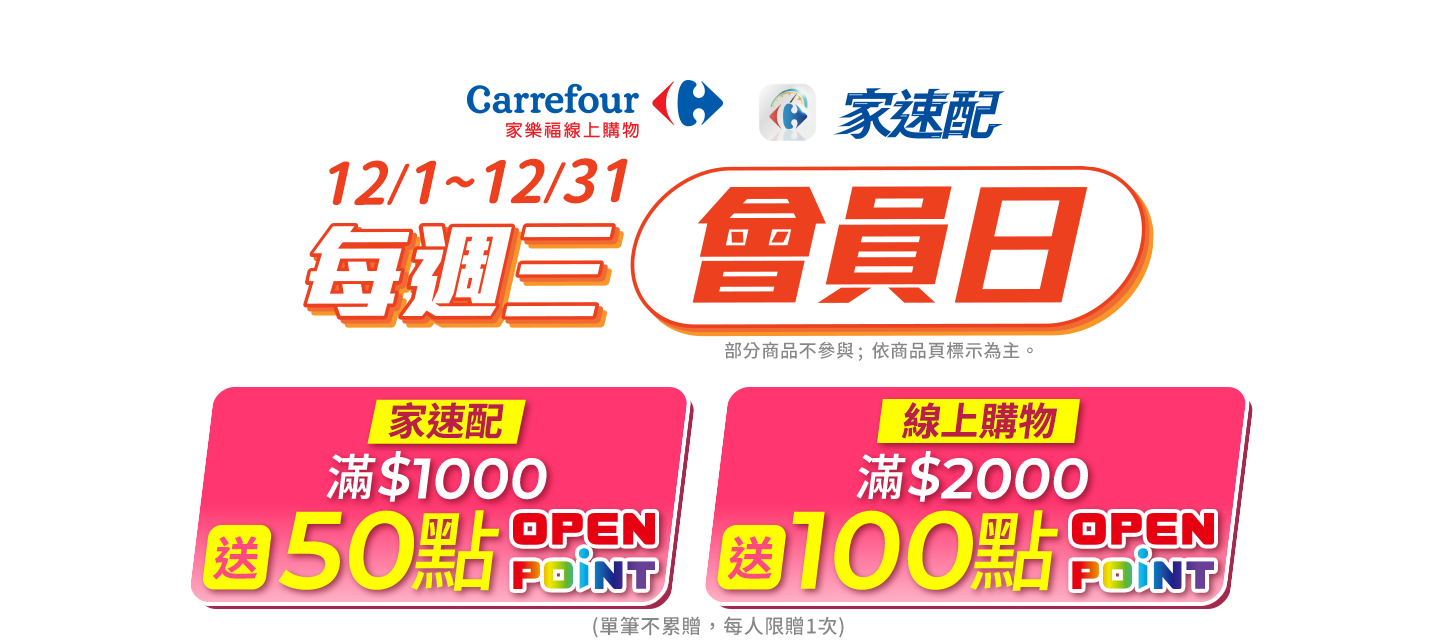 12月週三會員日，單筆滿$2000送100點openpoint