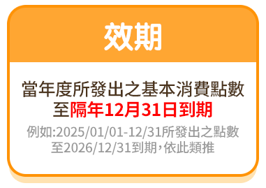 效期：當年度所發出之基本消費點數至隔年12月31日到期(例如:2024/01/01-12/31所發出之點數至2025/12/31到期，依此類推)。