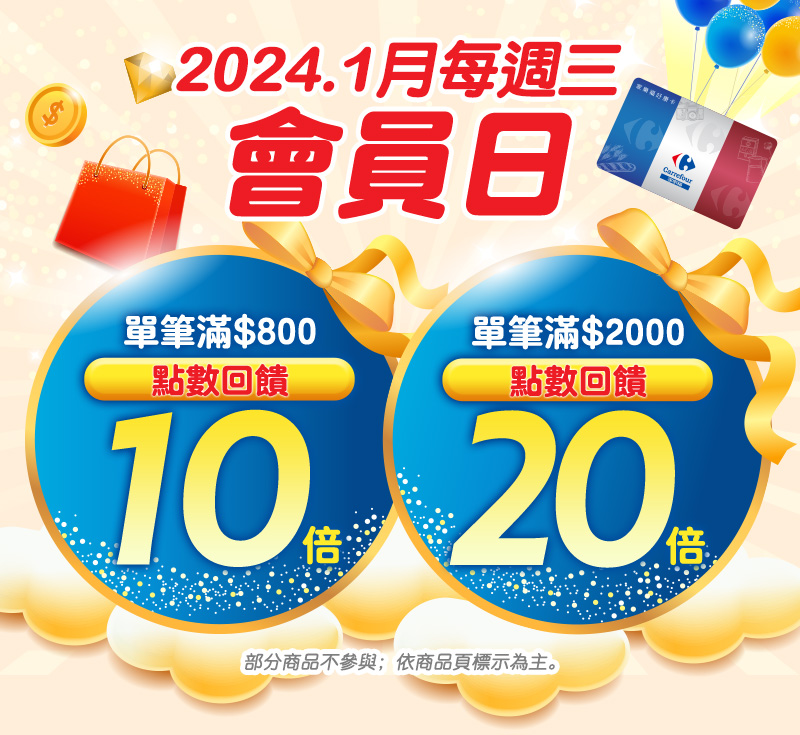 2024.1月週三會員日，單筆滿$800 點數10倍回饋；單筆滿$2000 點數20倍回饋