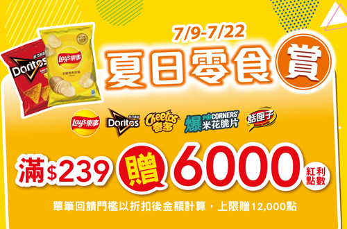 線上獨家 0709-0722_樂事,多力多滋,奇多,話匣子,Popcorners指定品折後滿$239贈紅利點數6,000(單筆最高贈12,000點)