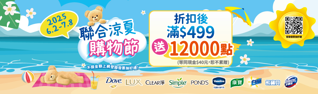 線上獨家 0602-0708 聯合利華指定品牌商品折扣後滿499元送紅利點數12000點,單筆不累贈