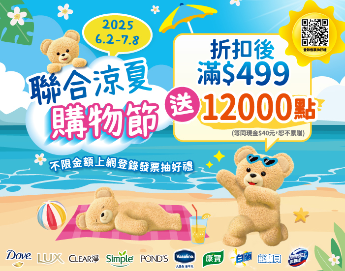 線上獨家 0602-0708 聯合利華指定品牌商品折扣後滿499元送紅利點數12000點,單筆不累贈